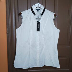 Misook Women's V-Neck Sleeveless Top Blouse L Black NWT Button Rhinestone Trim